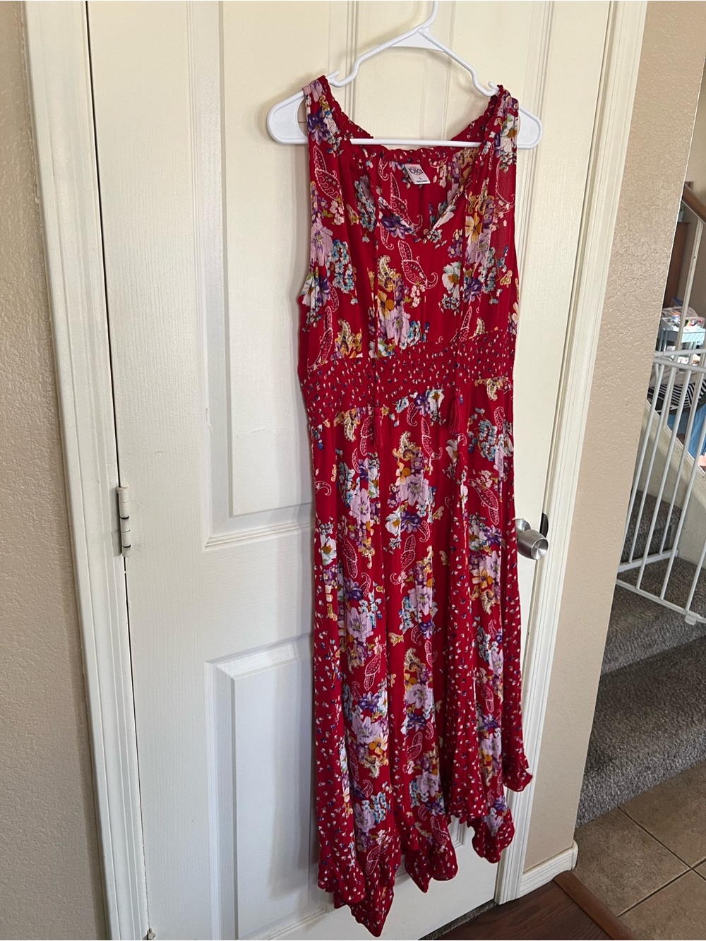 Bila Red Floral Paisley Smocked Waist Boho Maxi Dress L - Picture 6 of 14